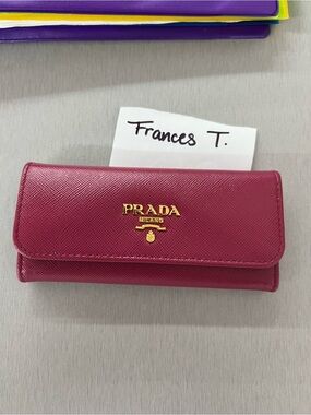 Prada Saffiano Leather Trifold Wallet in Berry Pink with Gold Logo